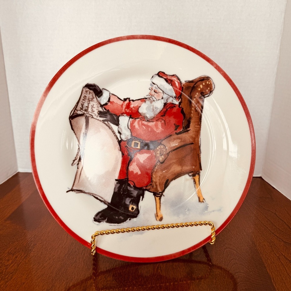 Pottery Barn PAINTED SANTA CLAUS Dinner Plate Santa Checking His List